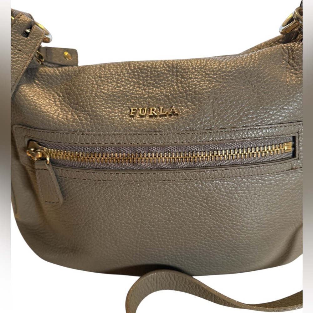 Furla Taupe Pebbled Leather Crossbody Bag w/ Top Zip & Front Zip